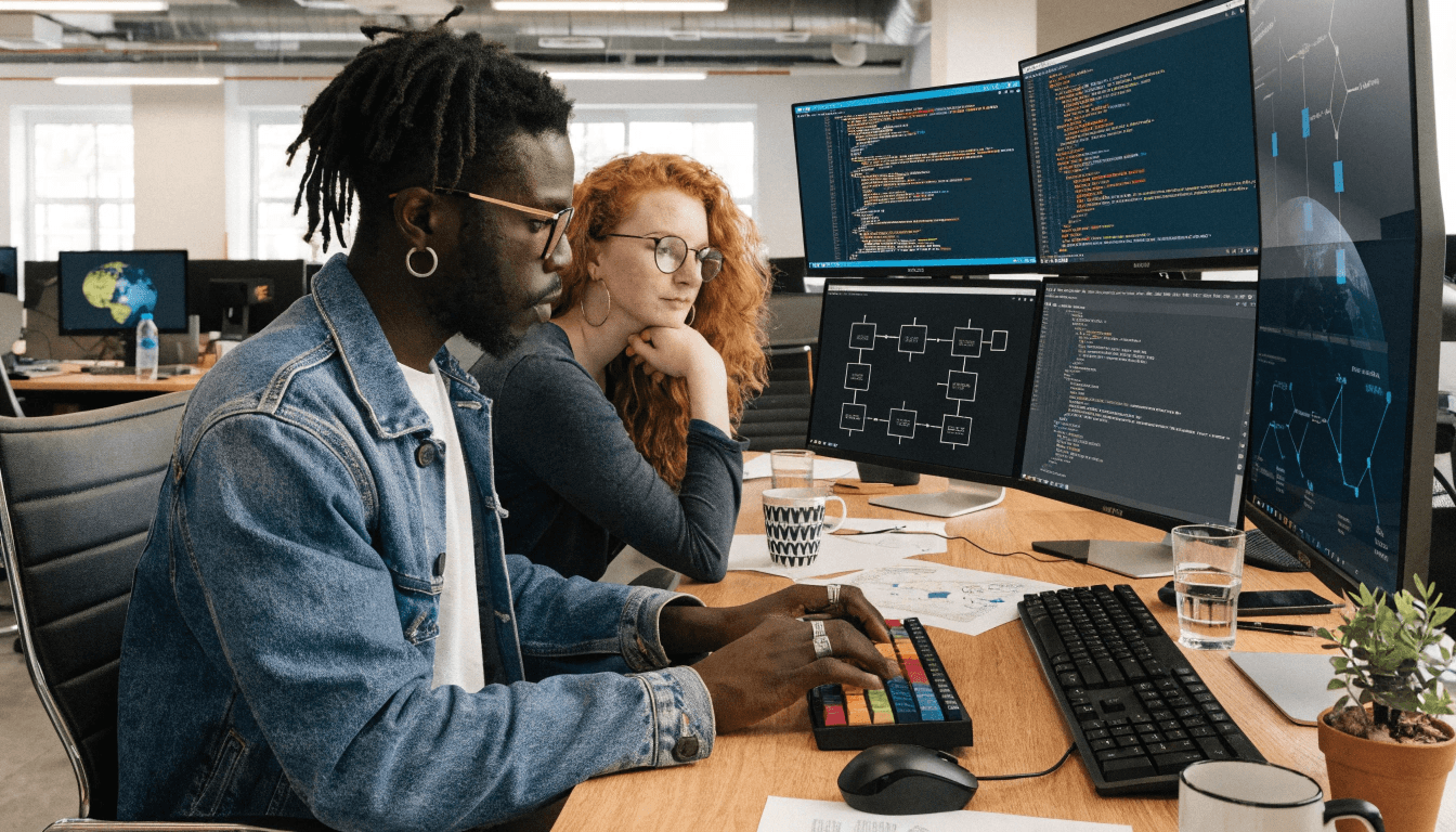 Engineering team reviewing a software product together